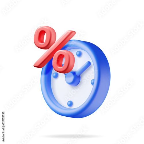 3D alarm clock with percentage sign isolated. Render clocks with percent symbol. Financial investment or return of investment. Bank deposit, income. Discount, flash sale. Vector illustration