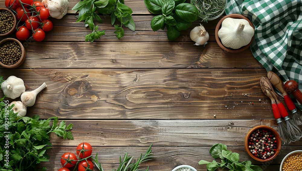 A white wooden table with a green checkered cloth, kitchen utensils and vegetables on it. Top view with copy space for text or product display A white wooden table with a green checkered cloth, kitchen utensils and vegetables on it. Top view with copy space for text or product display