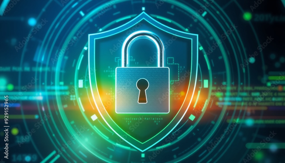 digital padlock surrounded by protective shield blue and green hues symbolizing strong security digital padlock surrounded by protective shield blue and green hues symbolizing strong security