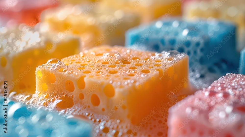Close-up of colorful sponges with bubbles, showcasing bright hues and textures, ideal for cleaning or hygiene themes. Close-up of colorful sponges with bubbles, showcasing bright hues and textures, ideal for cleaning or hygiene themes.