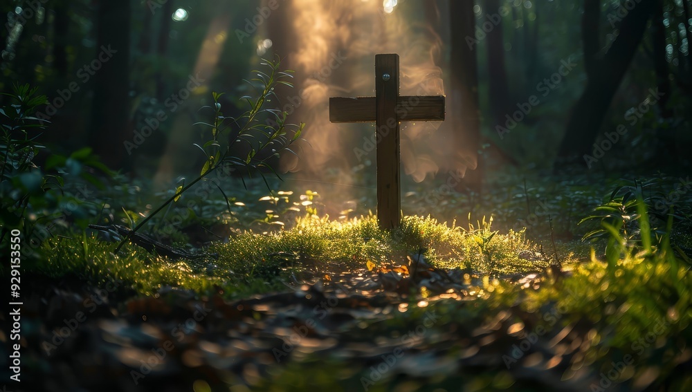 A wooden cross standing in the middle of an old forest, bathed by rays of sunlight. A wooden cross standing in the middle of an old forest, bathed by rays of sunlight.