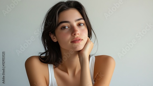 a young woman with long dark hair, wearing a white tank top. She has a slight smile and is looking at the camera.