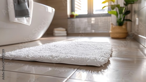 Cozy white bath mat on tiled floor in a bright bathroom, enhancing comfort and style in the modern space. photo