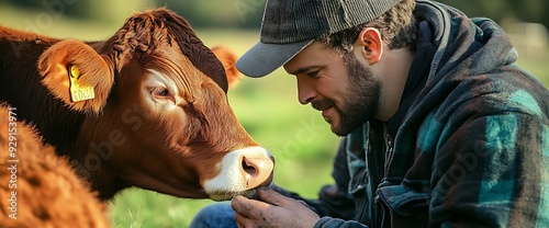 A man in a plaid shirt leans down to pet a brown cow in a field. photo