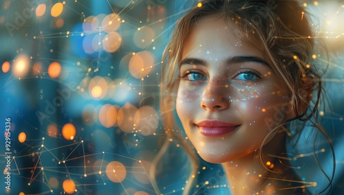 A young girl smiling, with a double exposure of solar panels and digital data network connections in the background