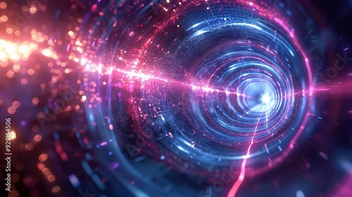 Vibrant abstract tunnel with swirling light and colors, creating a sense of depth and motion in a cosmic environment.