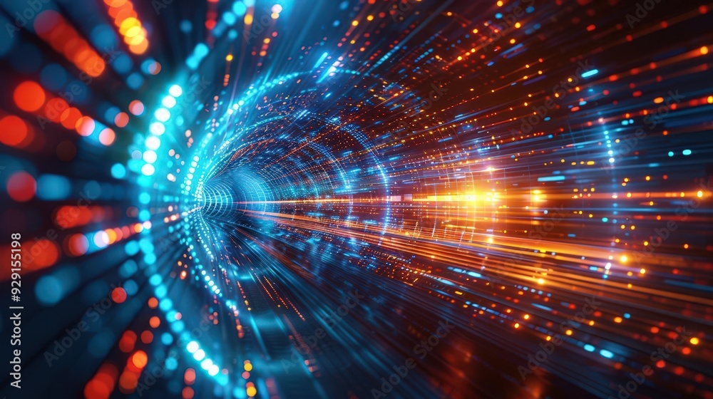 A vibrant digital tunnel filled with glowing lights and dynamic energy, representing speed and technology in a futuristic setting. A vibrant digital tunnel filled with glowing lights and dynamic energy, representing speed and technology in a futuristic setting.