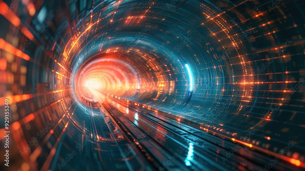 A mesmerizing digital tunnel filled with vibrant colors, creating an illusion of depth and motion in a futuristic setting. A mesmerizing digital tunnel filled with vibrant colors, creating an illusion of depth and motion in a futuristic setting.