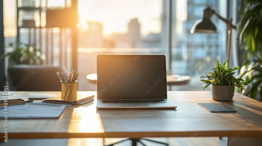 Golden Hour Hustle: A laptop basks in the warm glow of sunrise over the city, awaiting a productive workday in this inspiring workspace. Golden Hour Hustle: A laptop basks in the warm glow of sunrise over the city, awaiting a productive workday in this inspiring workspace.