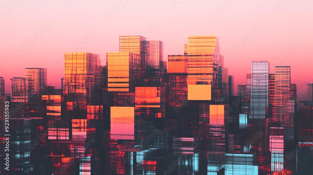 Obraz premium A vibrant cityscape at sunset, showcasing colorful glass buildings reflecting warm hues in the sky.