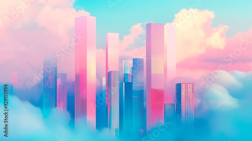 A vibrant cityscape emerges from colorful clouds, blending modern architecture with a dreamy atmosphere.