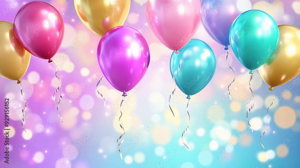 Colorful Balloons Celebration: A vibrant cluster of balloons in various pastel hues, adorned with shimmering ribbons, floats against a backdrop of twinkling lights Colorful Balloons Celebration: A vibrant cluster of balloons in various pastel hues, adorned with shimmering ribbons, floats against a backdrop of twinkling lights