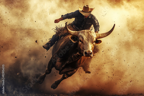 A fearless cowboy rides the wild bull in an exhilarating competition at dusk photo