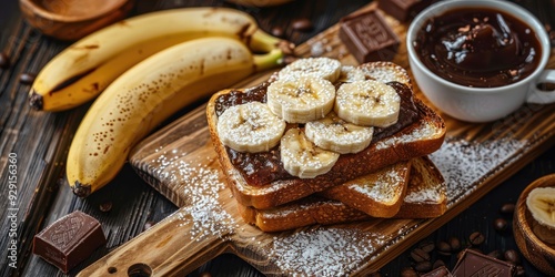 Toast with Sliced Banana Butter and Chocolate Jam Served with Coffee photo