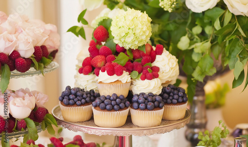 Deliciosa exposição de sobremesas com cupcakes, frutas vermelhas frescas e arranjos florais elegantes photo