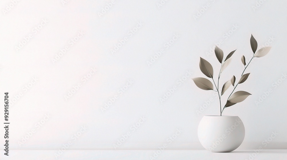 Minimalist Greenery: A simple, yet elegant, sprig of leaves in a white vase against a clean white backdrop. Minimalist Greenery: A simple, yet elegant, sprig of leaves in a white vase against a clean white backdrop.
