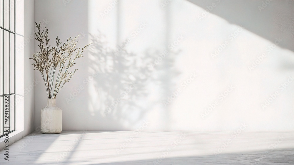 Minimalist White Room with Sunlight and Dried Flowers: A serene and minimalist interior space bathed in natural light, featuring a white wall Minimalist White Room with Sunlight and Dried Flowers: A serene and minimalist interior space bathed in natural light, featuring a white wall