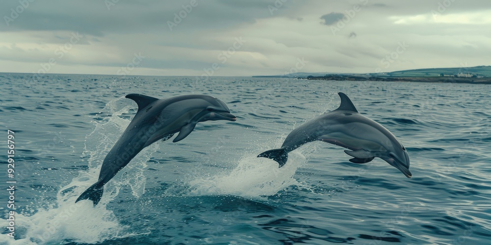 Fototapeta premium Two mature bottlenose dolphins leaping near the coastline mid air jump featuring a dolphin with open eyes