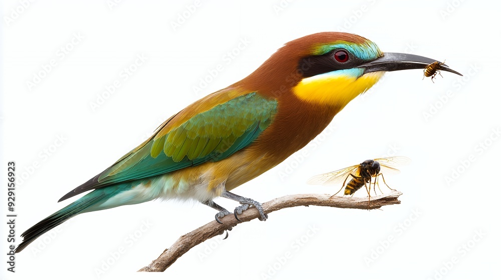 Fototapeta premium A colorful bird perched on a branch, holding an insect in its beak.