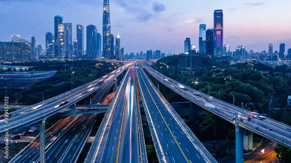 Busy city road junction time lapse. Cars drive fast along urban road, hurry home after work timelapse. Modern town with skyscrapers. High speed traffic highway. Aerial drone top view from above.