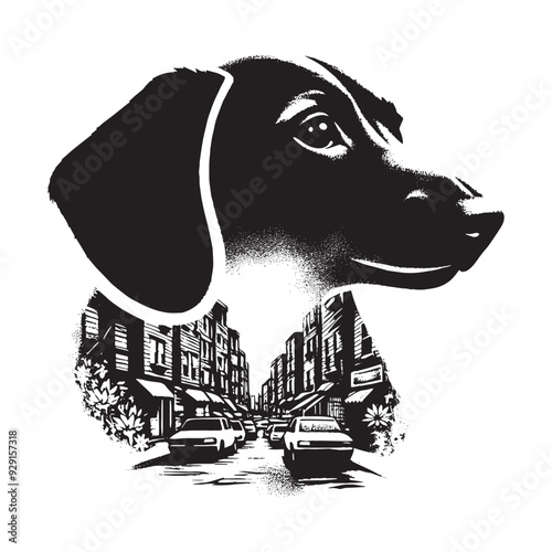 silhouette of Dachshund, filled with ghetto street in rough drawing,