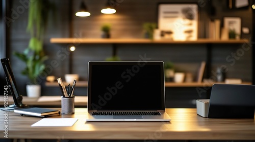 Laptop Mockup on Minimalist Desk: Modern workspace with a sleek laptop displaying a blank screen, perfect for showcasing your design or product. 