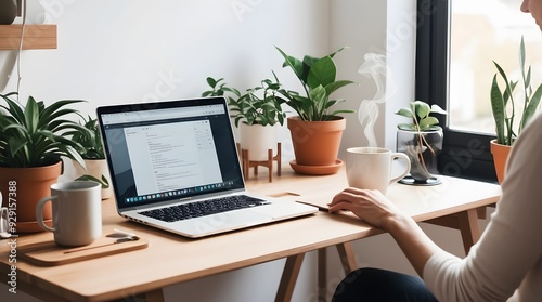 home office with a wooden desk in natural light. Include a laptop, potted plant, and a person working comfortably. Capture the blend of productivity and tranquility in a modern remote work environment