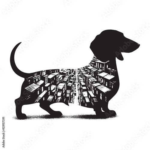 silhouette of Dachshund, filled with ghetto street in rough drawing,