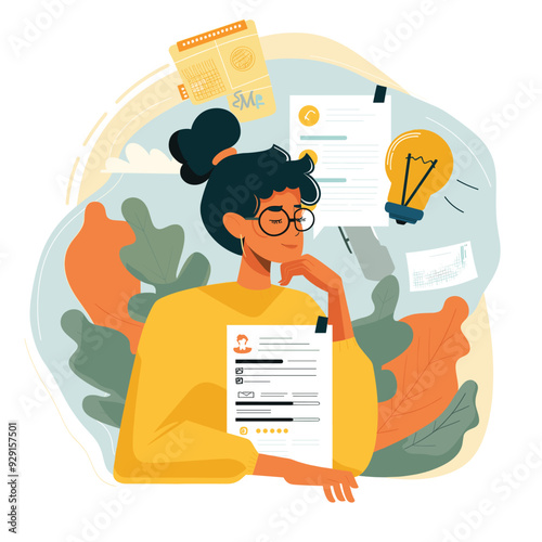 Illustration of a woman thinking at a desk, surrounded by notes and ideas.
