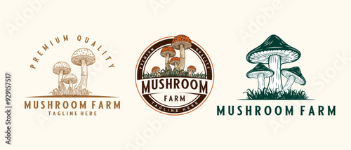 set mushroom logo. organic plant mushroom farming mushroom business brand label banner design vector illustration