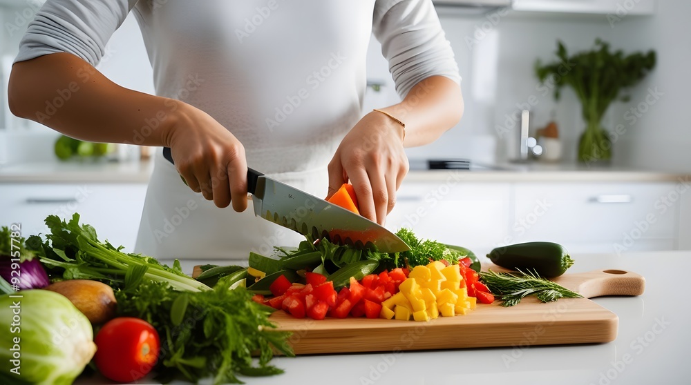 A person in modern kitchen preparing a healthy vegetable salad with an array of colorful vegetables spread out on a wooden cutting board, showcasing the process of slicing the vegetables A person in modern kitchen preparing a healthy vegetable salad with an array of colorful vegetables spread out on a wooden cutting board, showcasing the process of slicing the vegetables
