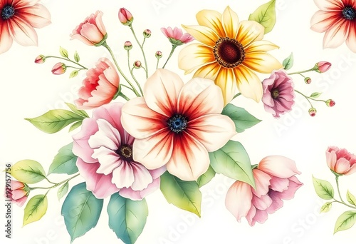 Colorful various flowers with various of pink purple yellow and blue against a white background