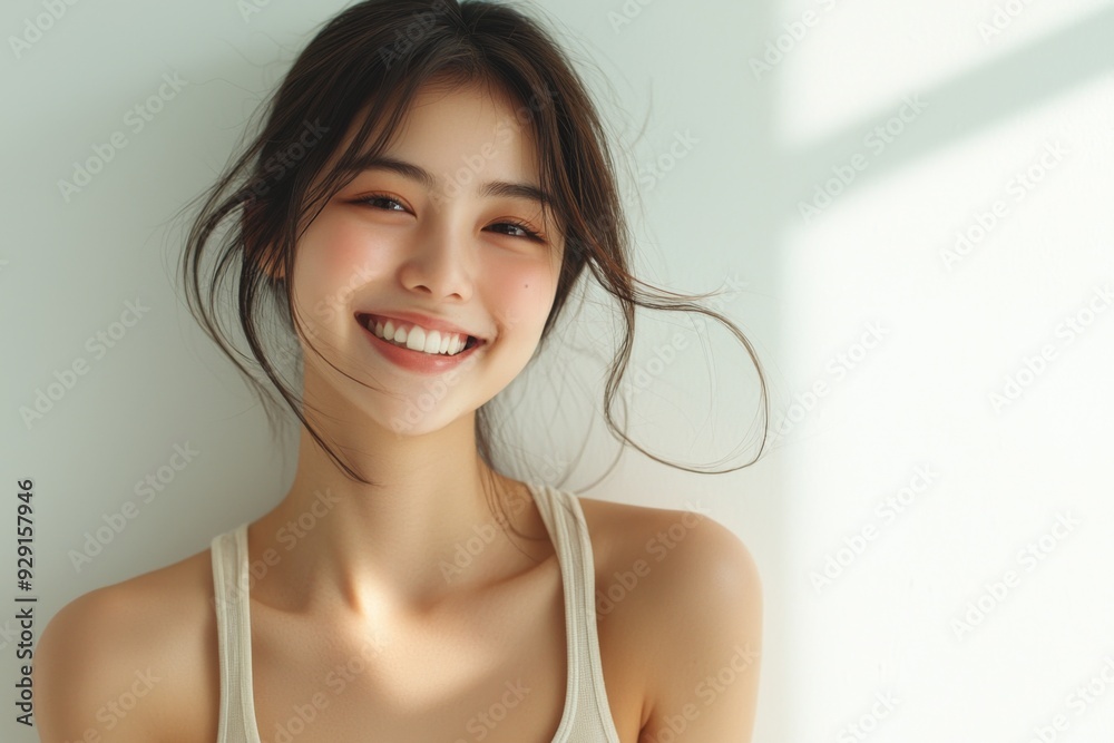 Beautiful young Asian woman smiling and happy created with Generative AI Beautiful young Asian woman smiling and happy created with Generative AI