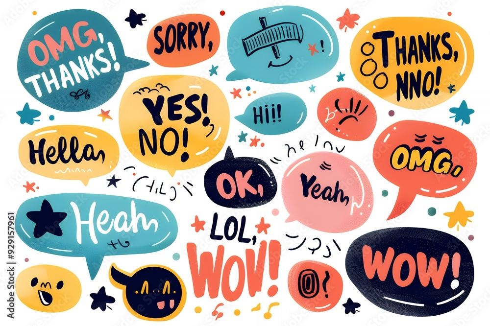 Obraz premium A colorful collection of speech bubbles with various expressions and phrases.