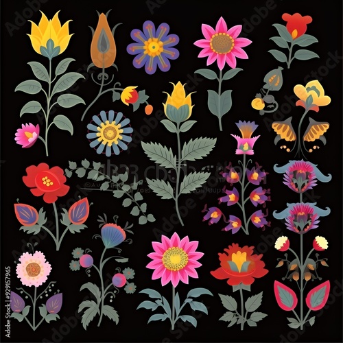 Wallpaper Mural A colorful collection of floral designs featuring various flowers and butterflies on a black background. Torontodigital.ca
