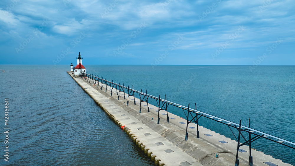 Fototapeta premium Aerial View of North Pier and Lighthouses on Lake Michigan