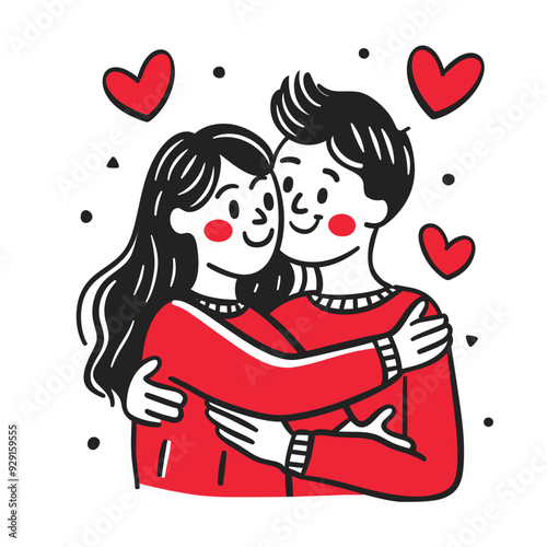 Cute couple hugging, surrounded by hearts in a minimalist style