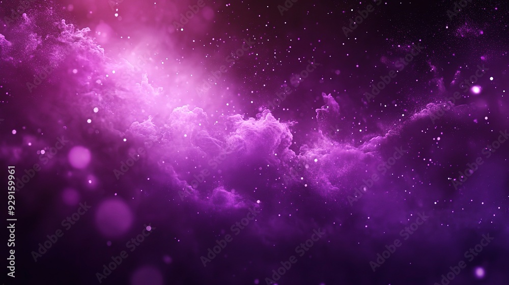 Fototapeta premium Cosmic Dreamscape: A mesmerizing nebula of ethereal purple hues dances across a black canvas, studded with distant stars and ethereal bokeh, inviting viewers into a cosmic dream.