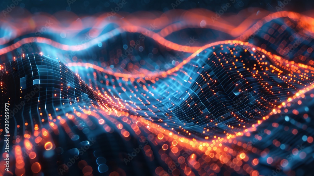 cybersecurity, Colorful wavy line with particles The concept of digital art and visualization