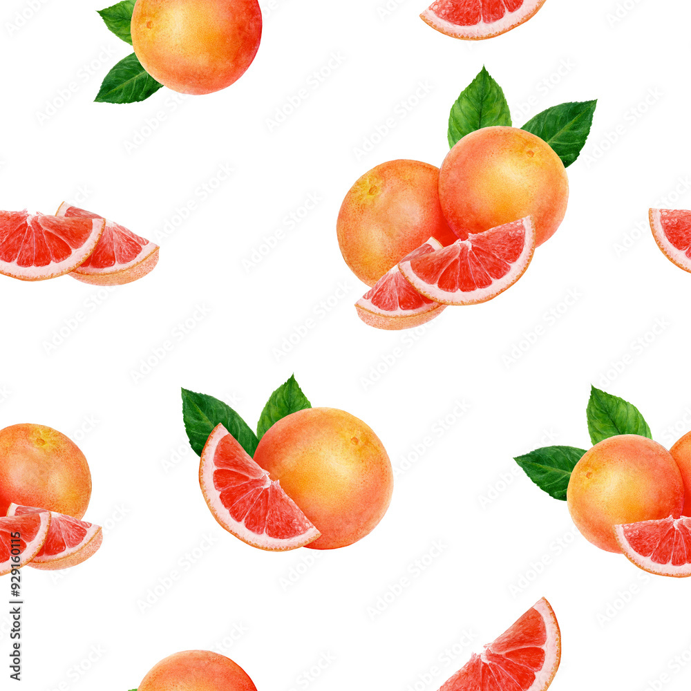 A Seamless Watercolor Pattern Featuring Grapefruit and Various Citrus Fruits in Colorful Design