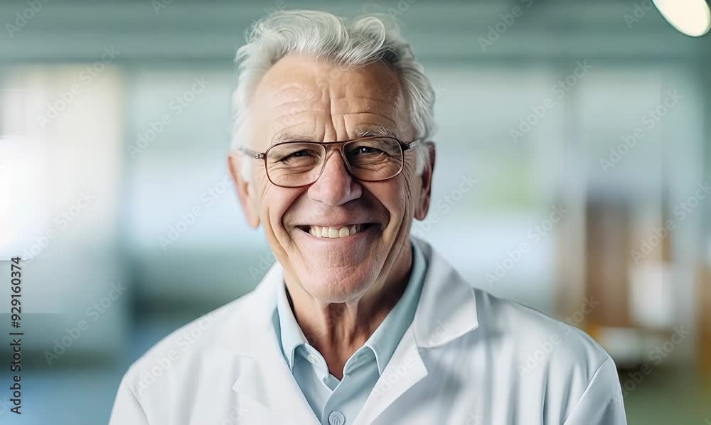 Portrait of smiling senior man in lab coat and eyeglasses Portrait of smiling senior man in lab coat and eyeglasses