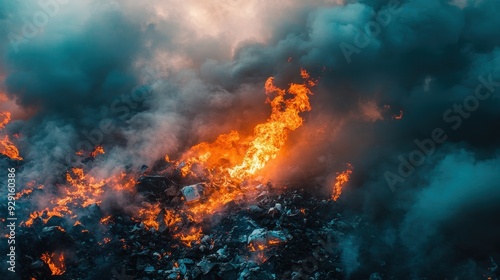 Flames engulf piles of trash, creating thick smoke against an ominous sky at dusk