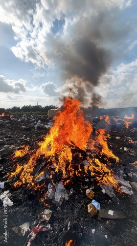 Flames engulf garbage piles at a landfill, sending plumes of smoke into the clear sky