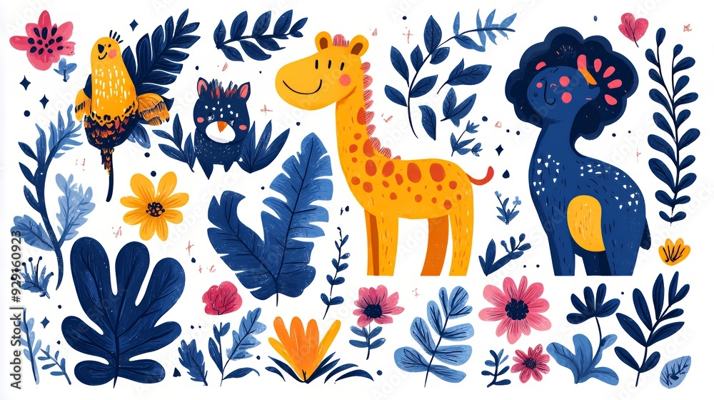 A colorful illustration featuring various animals and plants in a whimsical style.