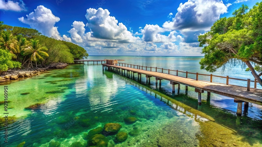 Obraz premium Sun-kissed beaches, crystal-clear turquoise waters, and lush green mangroves surround a scenic pier in Key Largo, Florida, a tropical paradise for relaxation and recreation.