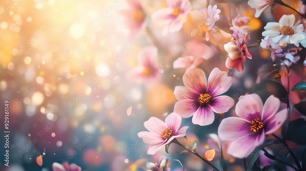 Blossom of Spring Light: Pink flowers bloom in a warm sunlit garden, delicate petals catching the light in a magical display of nature's beauty. Blossom of Spring Light: Pink flowers bloom in a warm sunlit garden, delicate petals catching the light in a magical display of nature's beauty.