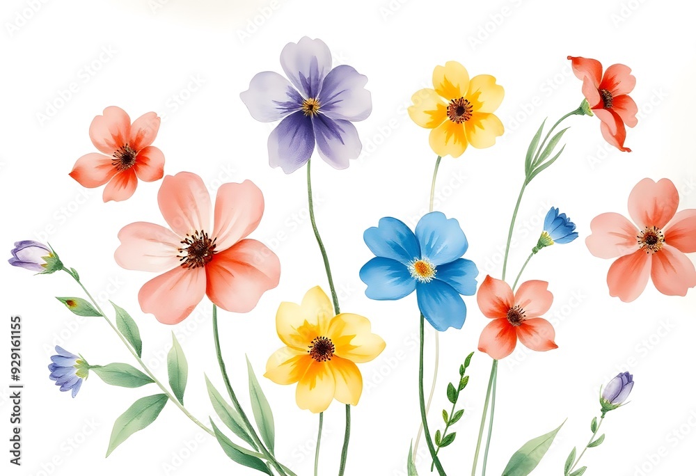 Colorful various flowers with various of pink, purple, yellow, and blue against a white background Colorful various flowers with various of pink, purple, yellow, and blue against a white background