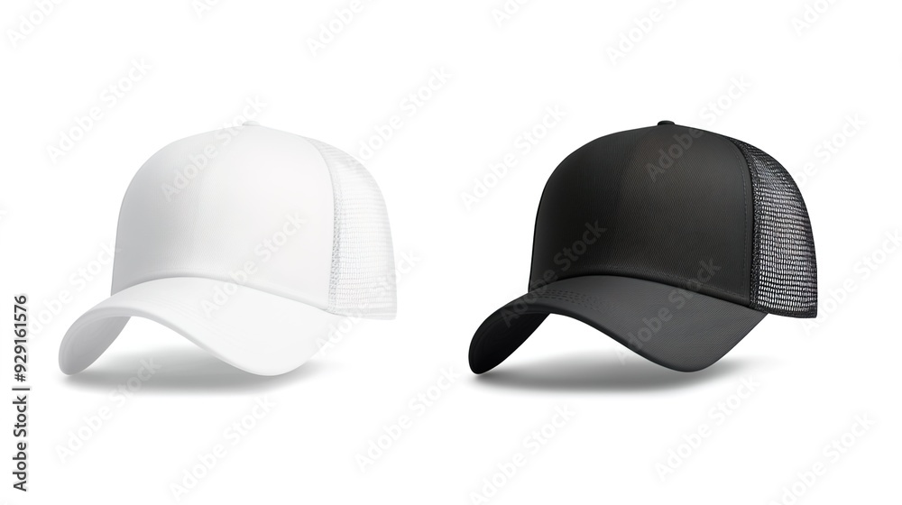 White and black trucker cap mockup template, isolated on a white background White and black trucker cap mockup template, isolated on a white background