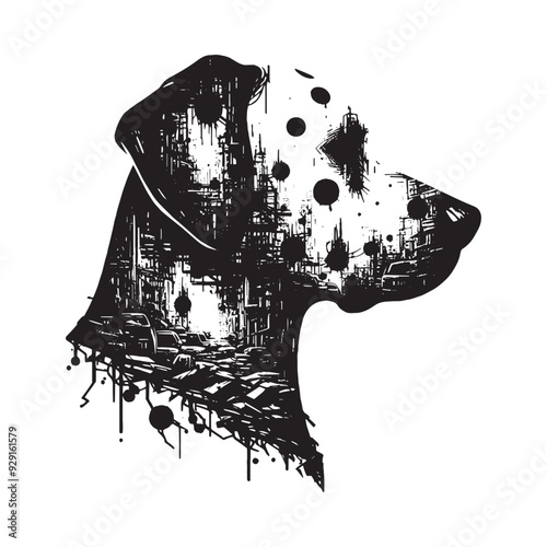 silhouette of dalmatian, filled with destroyed futuristic dystopia environment in rough drawing,