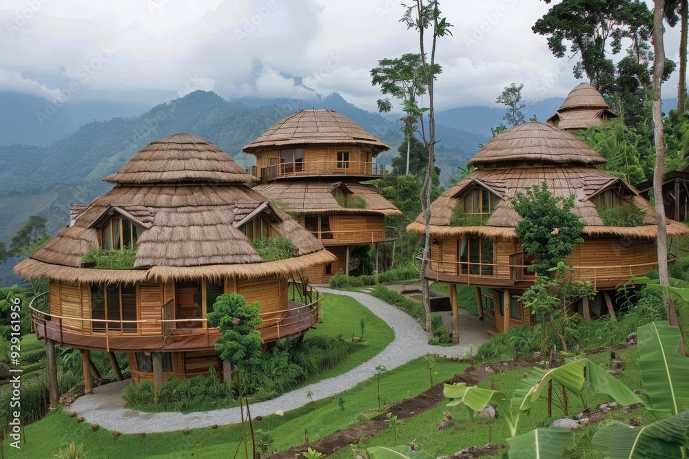 Ecotourism, eco-friendly thatched-roof lodges in lush, mountainous landscape, featuring circular designs that complement natural surroundings, for immersive, sustainable retreat. Ecotourism, eco-friendly thatched-roof lodges in lush, mountainous landscape, featuring circular designs that complement natural surroundings, for immersive, sustainable retreat.